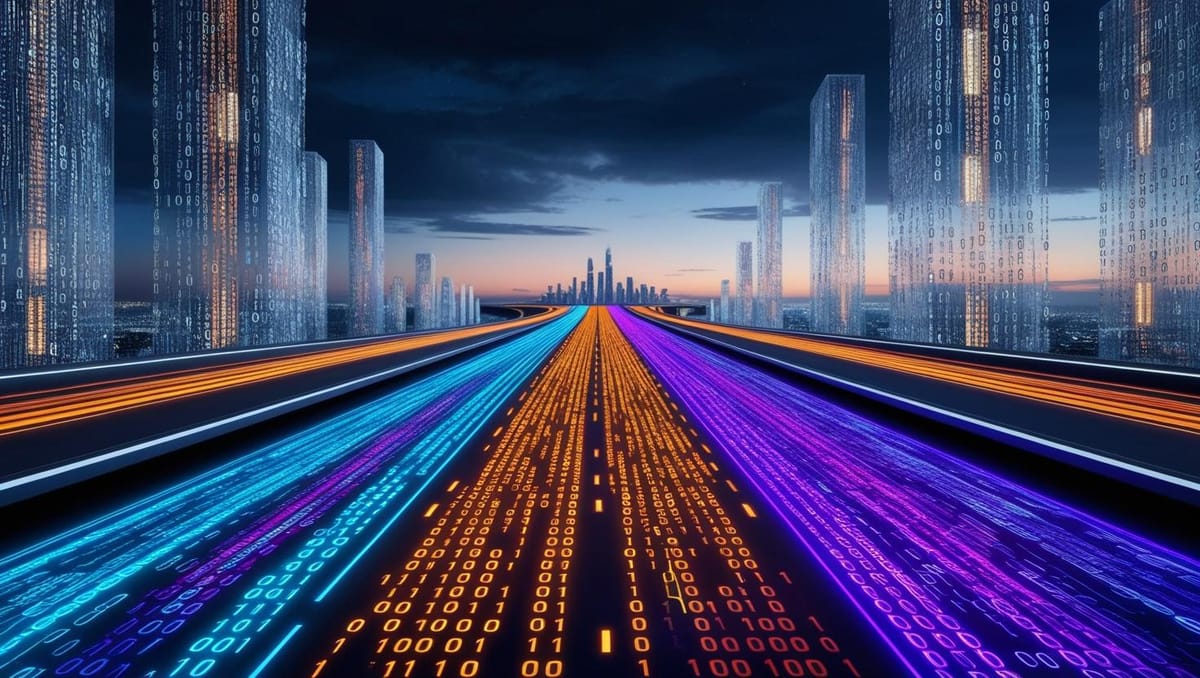 “Illustration of a neon data super-highway representing high-volume observability telemetry flow.
